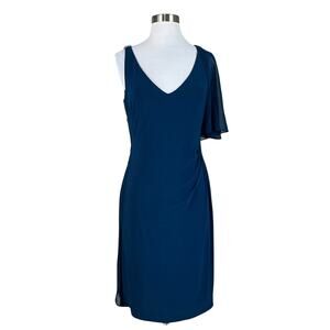 Ralph Lauren Ruffled Beaded Midi Sheath Cocktail Dress Blue Size 8 Draped V-Neck